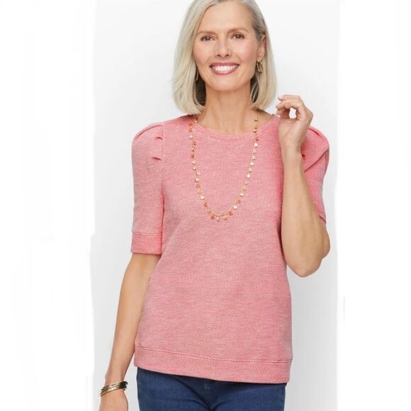 Talbots Pink Textured Knit Puff Sleeve Crewneck Sweater Top - Picture 1 of 10